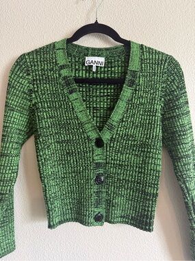 Ganni Green Ribbed V‑Neck Button Cardigan with Black Buttons
